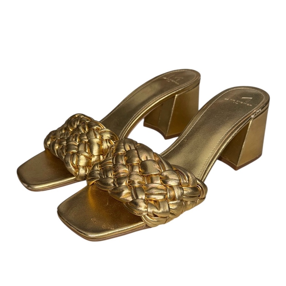 MARC FISHER LTD. NAHEA SANDALS, LEATHER UPPER, GOLD, MULE SIZE 8.5